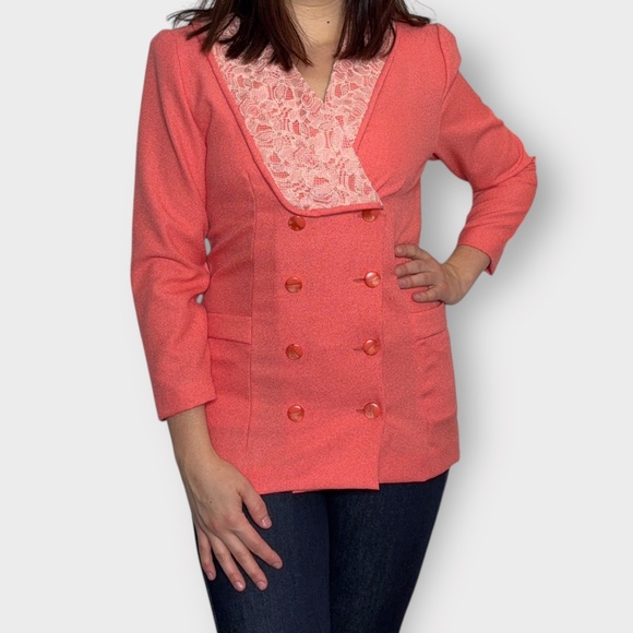 Vintage 1960s Custom Tailored, Peach, Lace, Double Breasted, Blazer - Picture 2 of 6